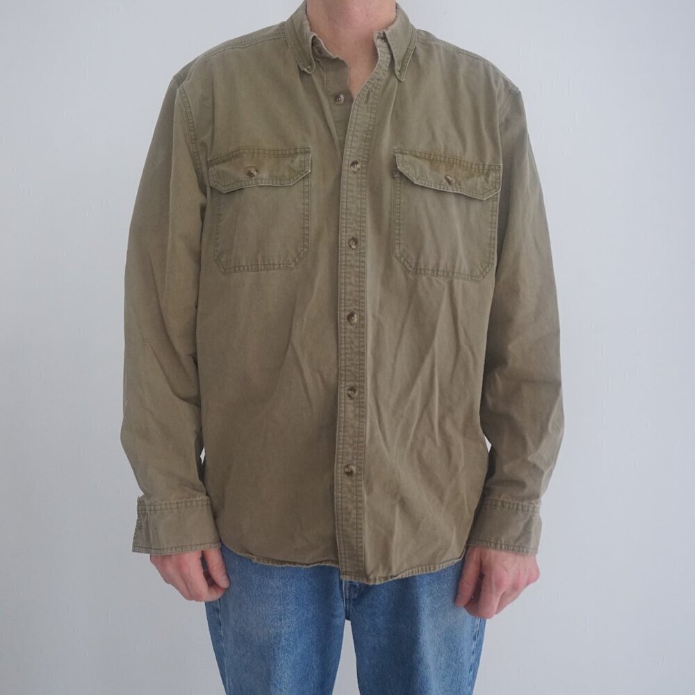 Vintage Gander MTN Olive Green Hunting Outdoors 100% Cotton Button Down Shirt L